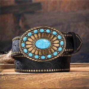 Unisex Western Black Leather Belt with Embossed Gemstone Pattern & Metal Buckle